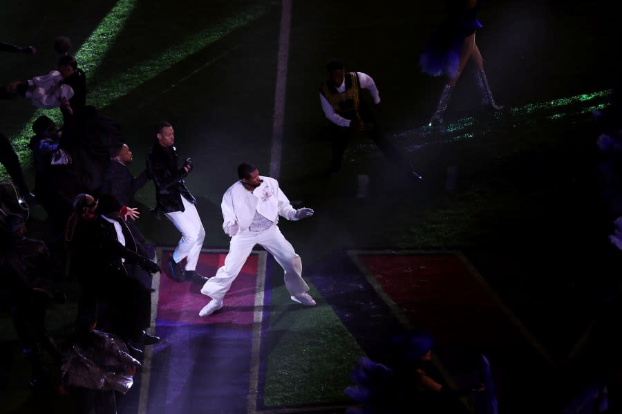 LAS VEGAS, NEVADA – FEBRUARY 11: Usher performs on the field during the Apple Music Super Bowl LVIII Halftime Show at Allegiant Stadium on February 11, 2024 in Las Vegas, Nevada. (Photo by Michael Reaves/Getty Images)