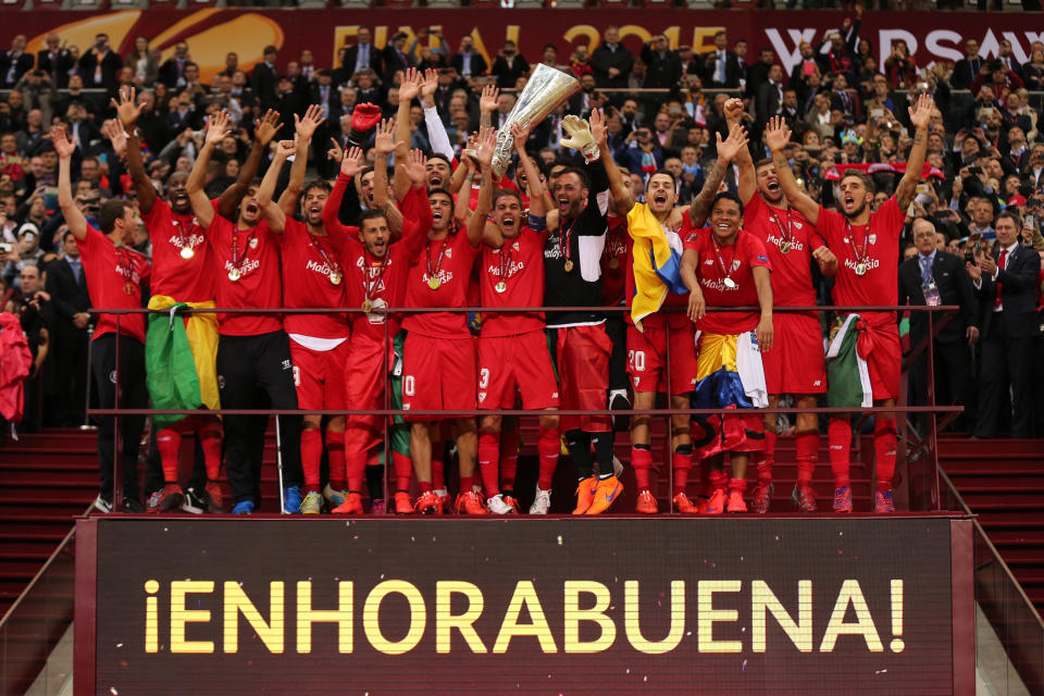 Sevilla - captained by Reyes - celebrate winning the UEFA Europa League trophy in 2015 for a second consecutive win (Photo by AMA/Corbis via Getty Images)