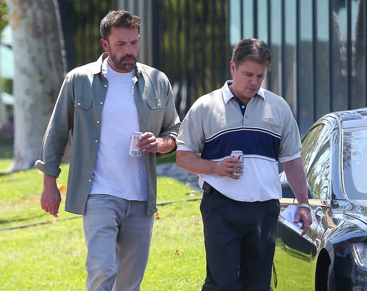 Ben Affleck and Matt Damon are seen on the set of "Untitled Nike Movie" on June 28, 2022