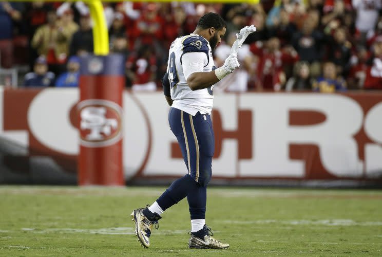 L.A.'s Aaron Donald got an early exit against San Francisco on Monday. (AP) 