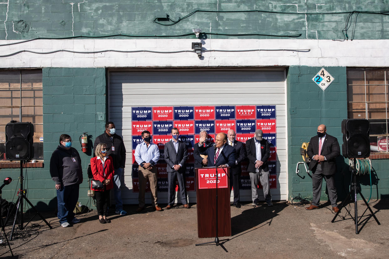 Rudy Giuliani staged a press conference at Four Seasons Total Landscaping on Nov. 7, 2020. (Photo: Chris McGrath/Getty Images)