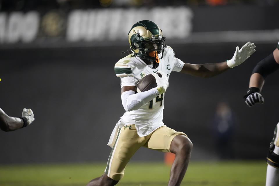 Colorado State receiver Tory Horton looks for yardage during a game against Colorado Saturday, Sept. 16, 2023, in Boulder. The Aggies will have their hands full trying to contain the talented senior receiver. | David Zalubowski, Associated Press