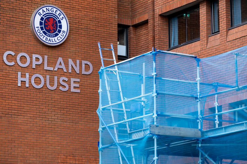 Scaffolding is pictured at Ibrox Stadium
