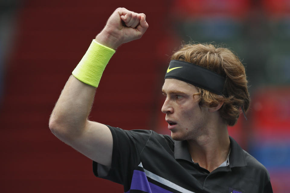 Andrey Rublev, of Russia reacts as he plays against Borna Coric of Croatia in their men's singles match at the Shanghai Masters tennis tournament at Qizhong Forest Sports City Tennis Center in Shanghai, China Tuesday, Oct. 8, 2019. (AP Photo/Andy Wong)