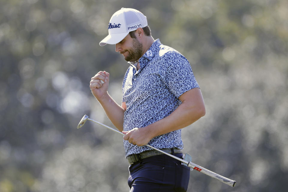 Peter Uihlein reacts after his double bogey on the 16th hole during the first round of the Houston Open golf tournament Thursday, Nov. 11, 2021, in Houston. (AP Photo/Michael Wyke)