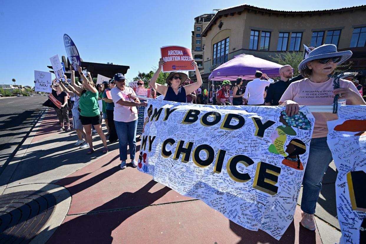 PHOTO: Abortion rights demonstrators rally in Scottsdale, Arizona on April 15, 2024. (Frederic J. Brown/AFP via Getty Images)