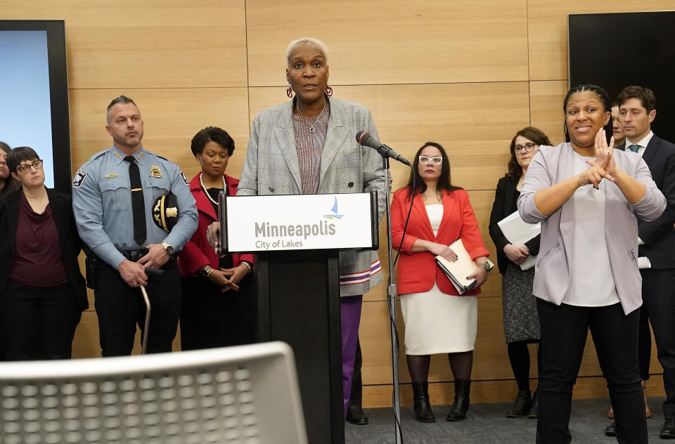 Minneapolis City Council President Andrea Jenkins speaks during a press conference announcing approval of a sweeping plan to reform policing that aims to reverse years of systemic racial bias Friday, March 31, 2023 at the Minneapolis Public Service Building in Minneapolis. The Minneapolis City Council on Friday approved an agreement with the state to revamp policing, nearly three years after a city officer killed George Floyd. (David Joles/Star Tribune via AP)