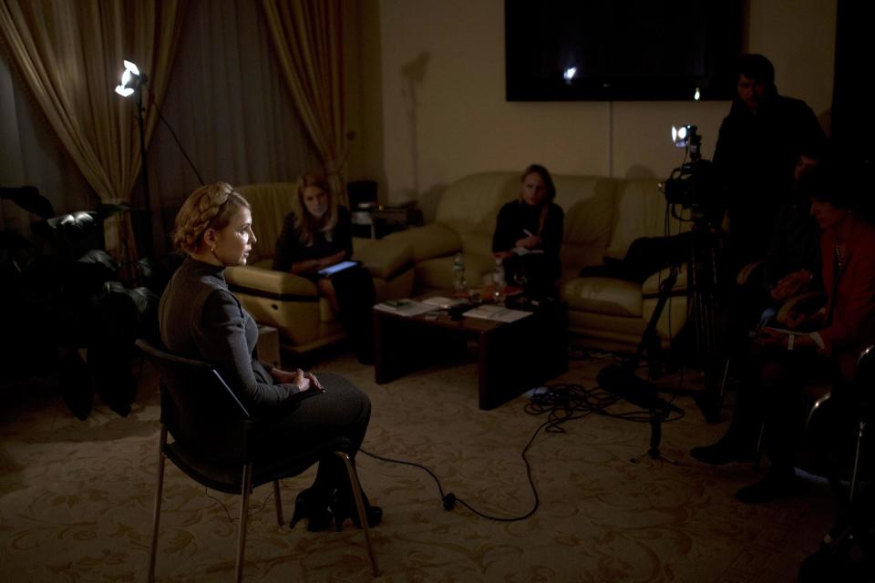 Former Ukrainian Prime Minister Yulia Tymoshenko poses for a photo during an interview with the Associated Press in Kiev, Ukraine, Wednesday, March 5, 2014. Tymoshenko says the West must force Russia to withdraw troops from the Crimean peninsula and that Ukraine should not agree to any compromises with Russia. (AP Photo / Emilio Morenatti)