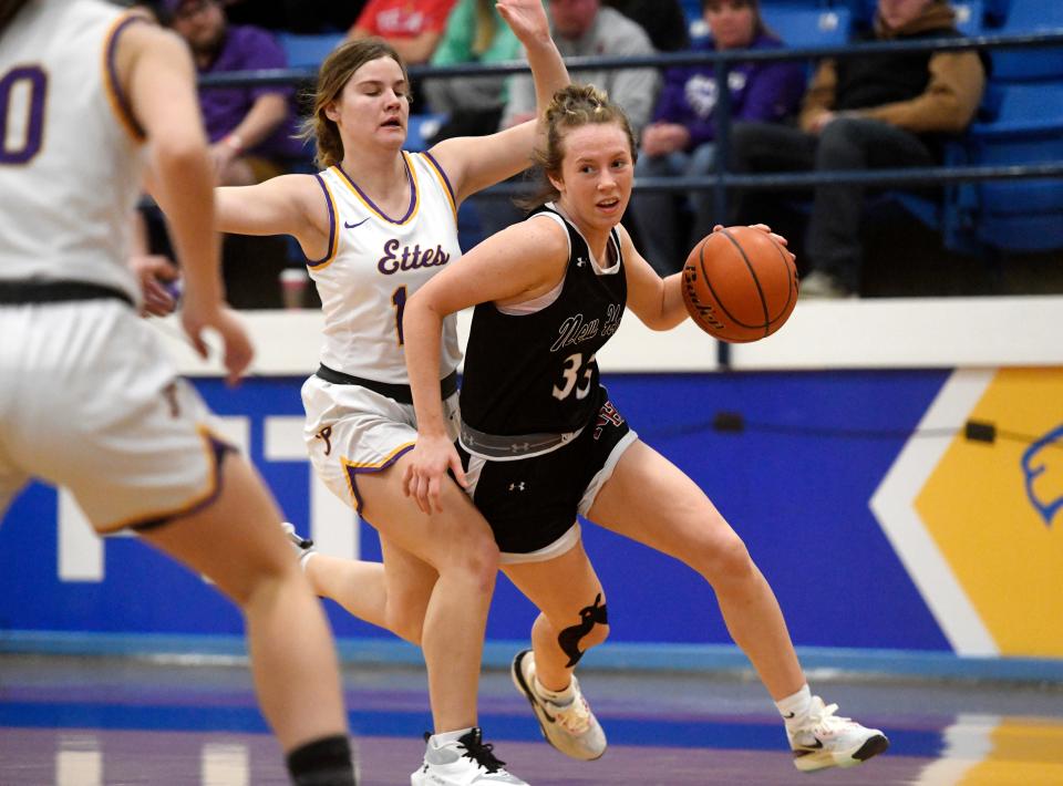 New Home's Addy Burns dribbles the ball against Panhandle during the MCM Elegante bracket championship of the Caprock Classic, Saturday, Dec. 30, 2023, at Tiger Pit in Wolfforth.