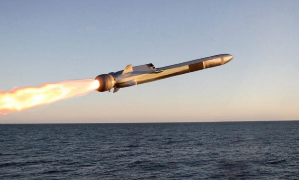 A Naval Strike Missile shortly after launch. A booster rocket that falls away soon after the missile is fired is still seen attached to the rear of the missile.<em> Kongsberg Defense</em>
