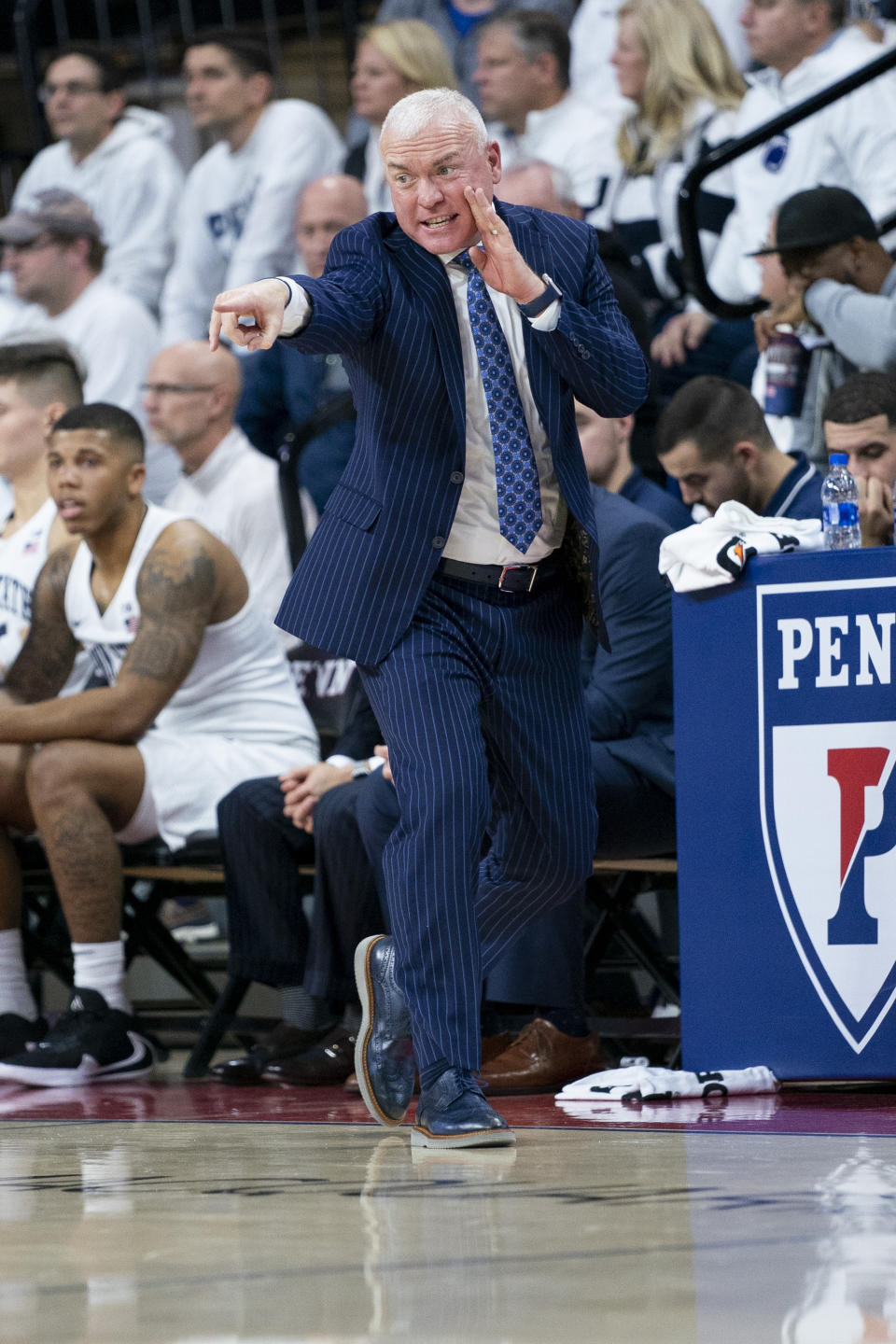 Penn State head coach Patrick Chambers directs his team during the first half of an NCAA college basketball game against Iowa Saturday, Jan. 4, 2020, in Philadelphia. (AP Photo/Chris Szagola)