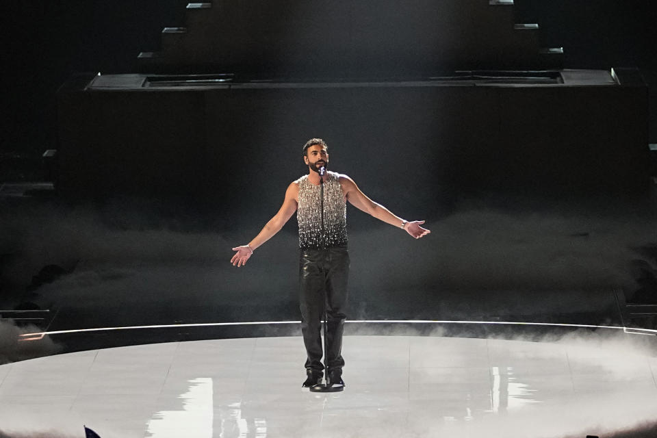 Marco Mengoni of Italy performs during the Grand Final of the Eurovision Song Contest in Liverpool, England, Saturday, May 13, 2023. (AP Photo/Martin Meissner)