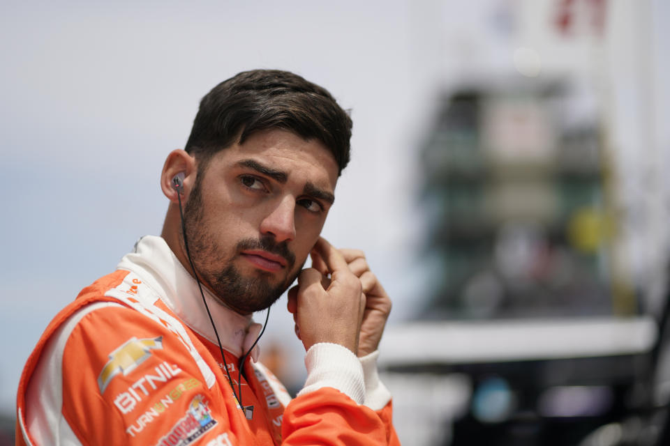 Rinus VeeKay, of The Netherlands, prepares to drive during practice for the Indianapolis 500 auto race at Indianapolis Motor Speedway, Monday, May 23, 2022, in Indianapolis. (AP Photo/Darron Cummings)