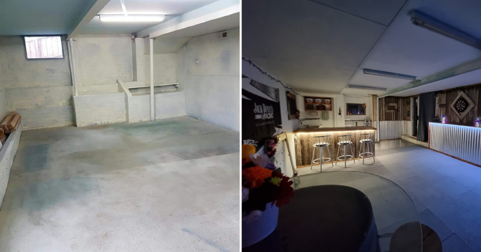 The basement before renovation and after it was transformed into a party room; at left the floor and ceilings have been primed in white paint and there is a small amount of light from a tiny window and a fluoro tube; at right, it has been lined with fence panels and a bar created and lit in a funky way, with stools and a dance floor.