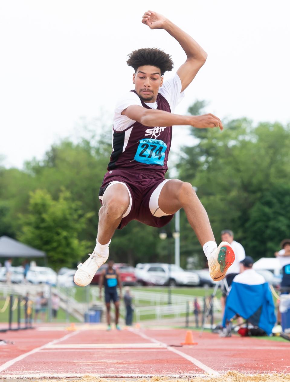 Shippensburg's Spencer Edey competes in the 3A triple jump at the PIAA District 3 Track and Field Championships on Friday, May 20, 2022, at Shippensburg University. Edey medaled in fifth place with a jump of 44-10.50.