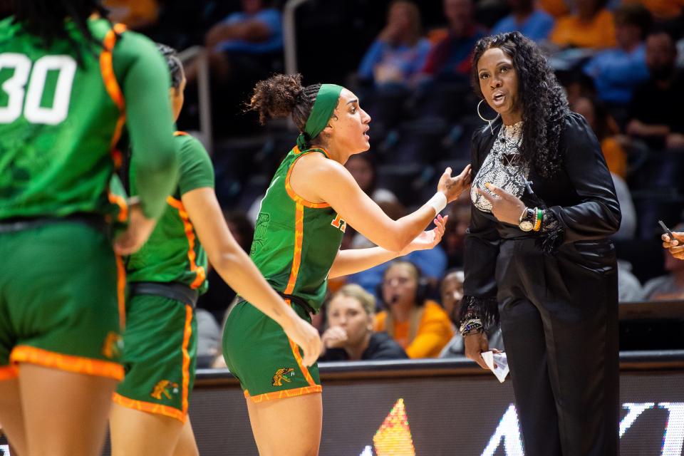 Florida A&M head coach Bridgette Gordon, right, during a game between Tennessee and Florida A&M in Knoxville on Tuesday, November 7, 2023.