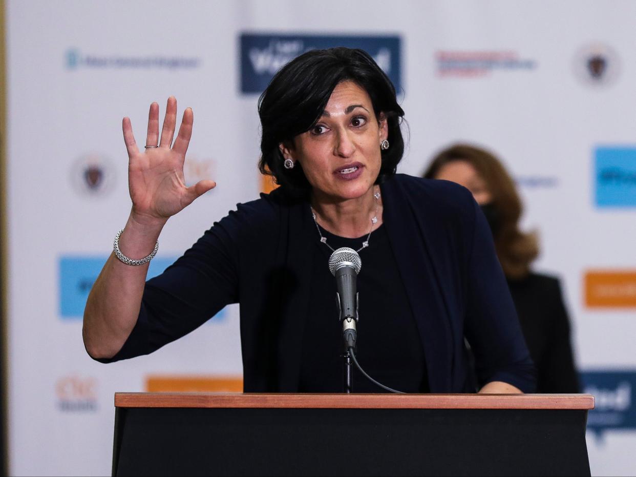 <p>Centers for Disease Control and Prevention (CDC) Director Dr. Rochelle P. Walensky speaks to the media after visiting the Hynes Convention Center FEMA Mass Vaccination Site in Boston, Massachusetts, USA,  on 30 March 2021</p> ((EPA))