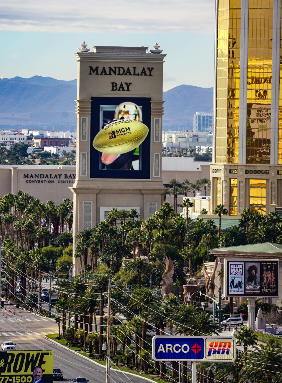 A video display at the Mandalay Bay on the Las Vegas Strip encourages sports betting in advance of Super Bowl LVIII on Friday, Feb. 9, 2024.