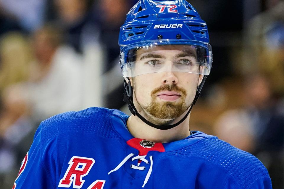 New York Rangers centerman Filip Chytil (72) looks on during the third period of an NHL hockey game against the San Jose Sharks, Thursday, Oct. 20, 2022, in New York.