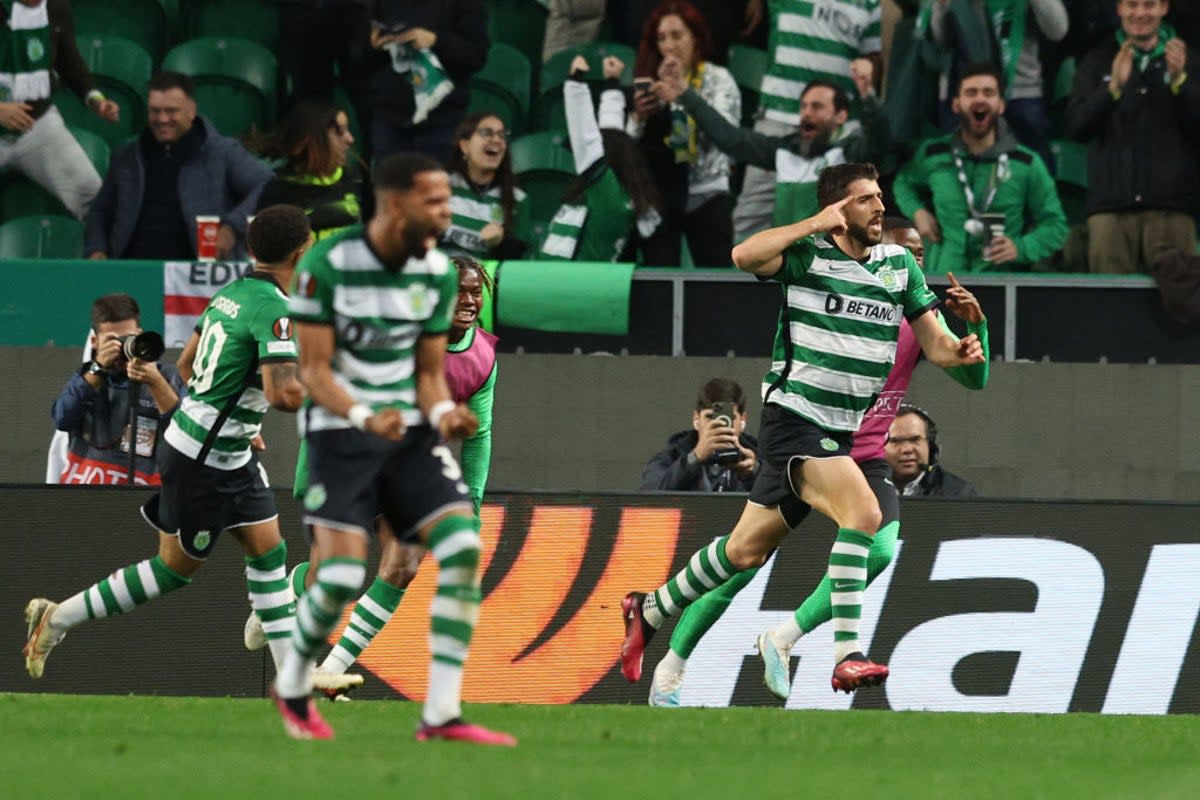 Goncalo Inacio celebrates Sporting equalizing (Getty)