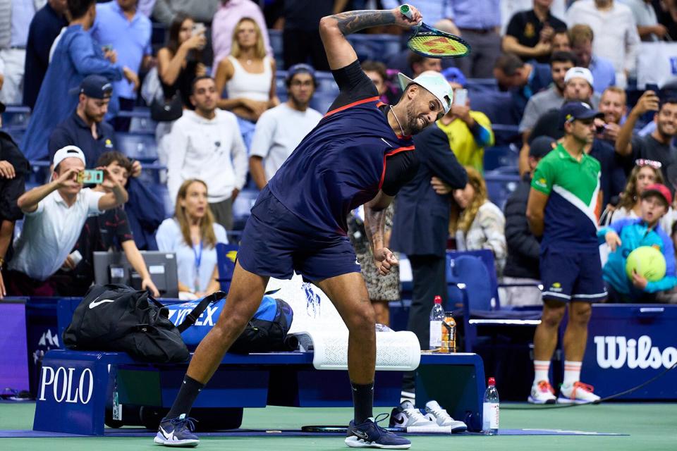 Nick Kyrgios of Australia smashes his racket after being defeated by Karen Khachanov in their Men’s Singles Quarterfinal match on Day Nine of the 2022 US Open at USTA Billie Jean King National Tennis Center on September 06, 2022 in the Flushing neighborhood of the Queens borough of New York City.
