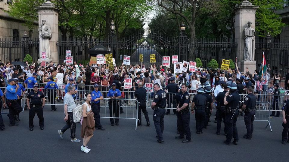 anti-Israel agitators massed outside entrance to Columbia University