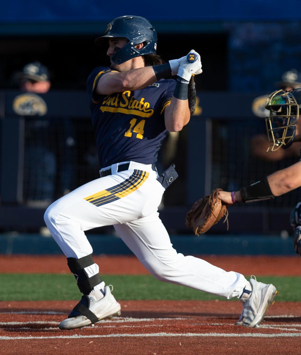 Justin Kirby swings at a pitch during Kent State's game against Georgia Tech on Tuesday at Schoonover Stadium.