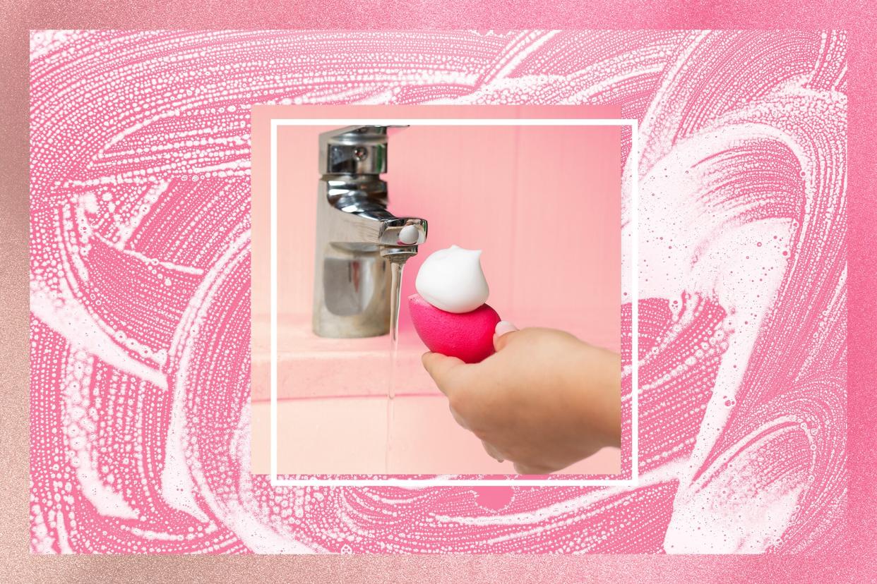 How to Clean a Beauty Blender to Avoid a Germ-Infested Sponge , Woman makeup artist cleansing beauty blender with foam