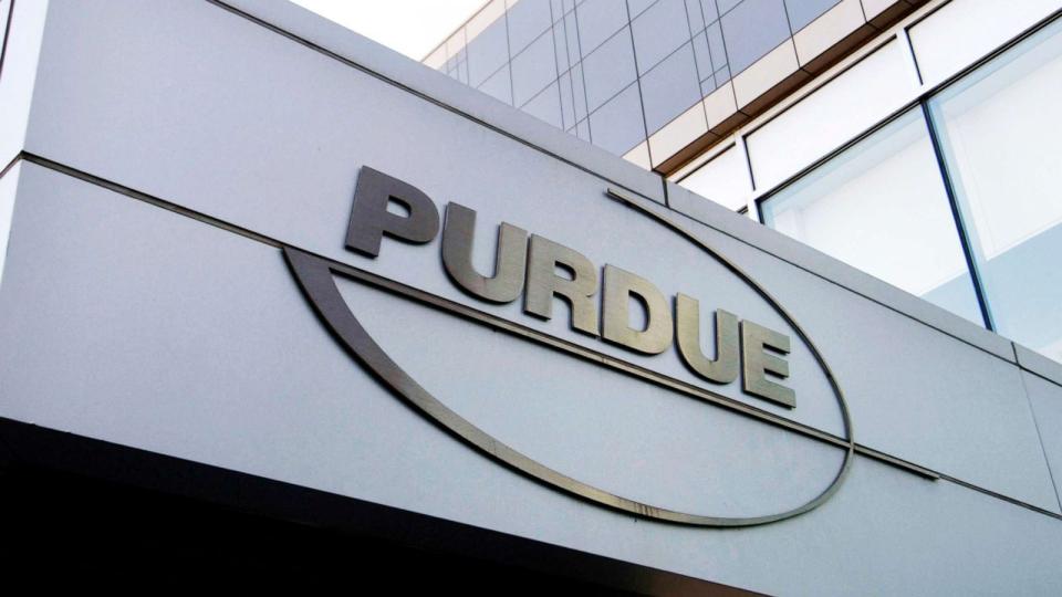 PHOTO: In this May 8, 2007, file photo, the Purdue Pharma logo is shown on the headquarters building in Stamford, Conn. (Douglas Healey/AP, FILE)