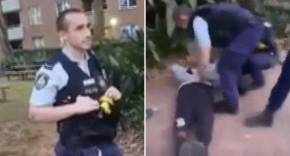 A NSW Police officer is pictured detaining an Indigenous teen.