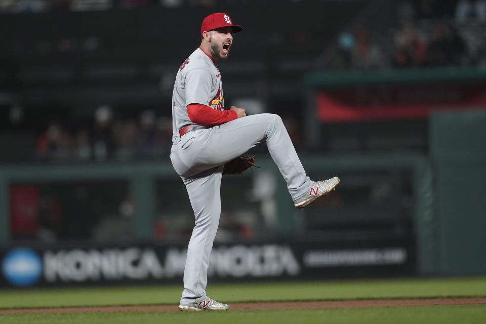 St. Louis Cardinals shortstop Paul DeJong celebrates after the Cardinals defeated the San Francisco Giants in a baseball game in San Francisco, Friday, May 6, 2022. (AP Photo/Jeff Chiu)