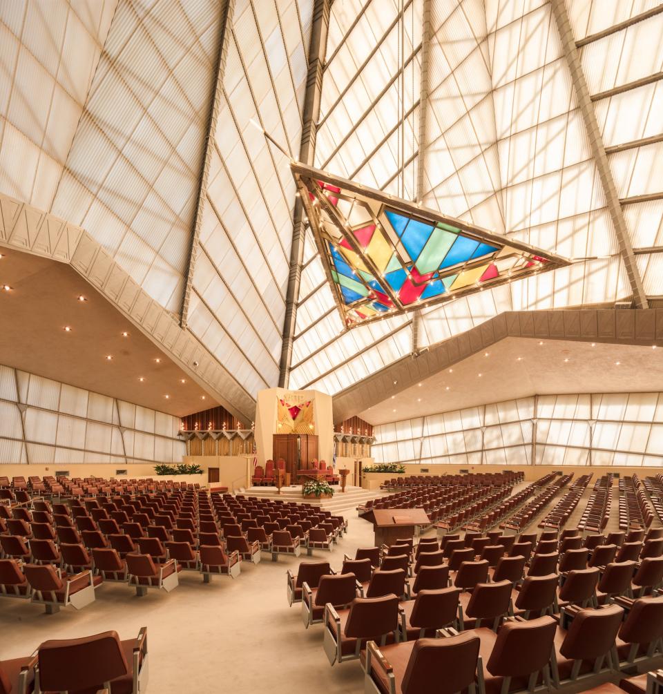 A look inside the synagogue, which was designed with a fiberglass ceiling that glows from within both day and night.