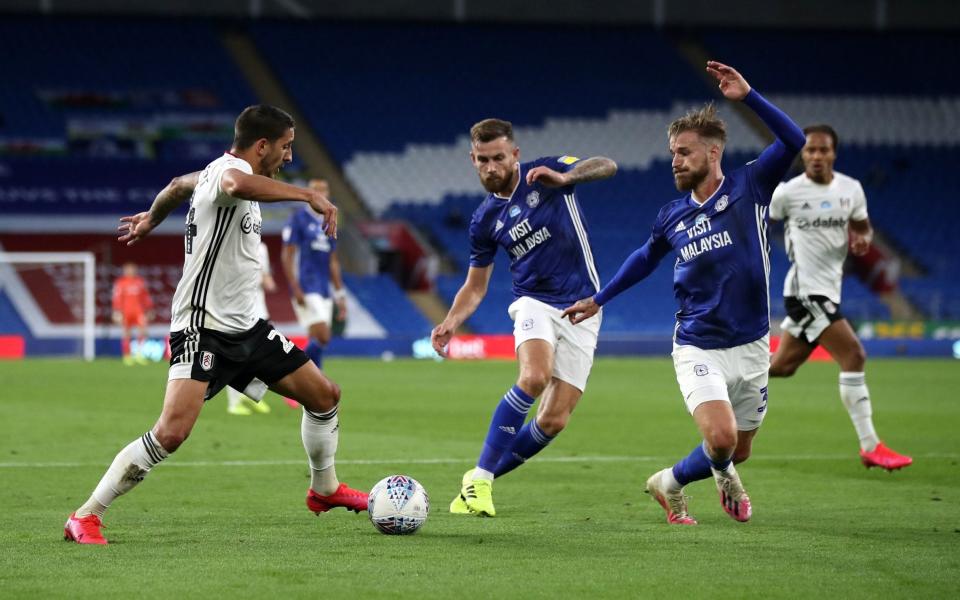 Fulham's Anthony Knockaert takes on Cardiff City's Joe Ralls and Joe Bennett during the Sky Bet Championship play-off match at the Cardiff City Stadium, Cardiff. - PA/ Nick Potts