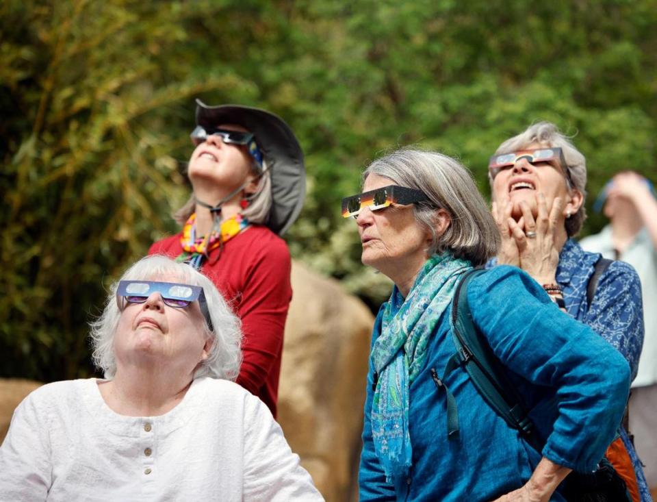 Mary Langley from Fort Worth and her New York friends, Nicole Furnee, Christiana Wall and Elaine Khosrova watch the total solar eclipse at the Fort Worth Zoo in Fort Worth, Texas, Monday Apr 08, 2024.