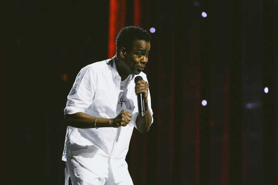 This image released by Netflix shows Chris Rock during a performance his comedy special "Chris Rock: Selective Outrage" at the Hippodrome Theater in Baltimore, Md. (Kirill Bichutsky/Netflix via AP)