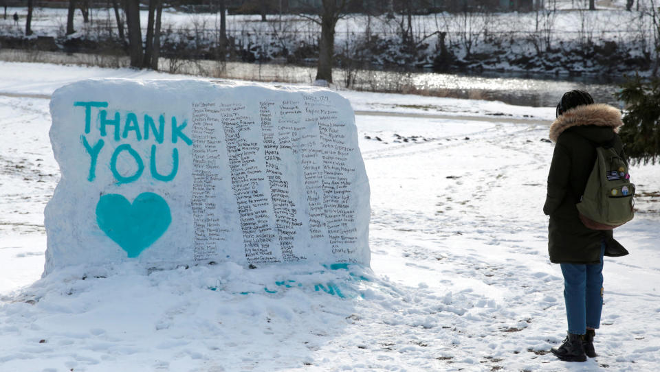 MSU students painted&nbsp;names of Nassar's victims on a campus landmark known as "The Rock." (Photo: Rebecca Cook / Reuters)