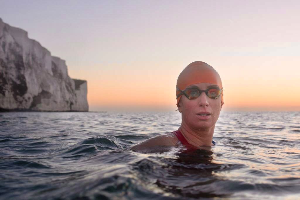 Sarah Philpott swimming by white cliffs at Dover