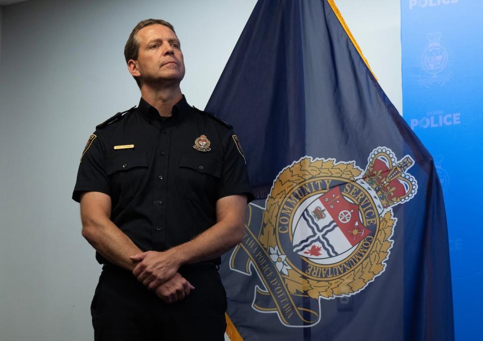 Ottawa Police Services Chief Eric Stubbs listens to a question during a news conference on Sept. 6, 2023.