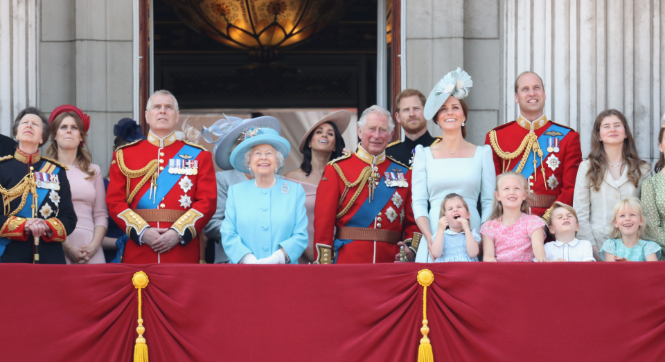 Princess Anne, Princess Royal, Princess Beatrice, Lady Louise Windsor, Prince Andrew, Duke of York, Queen Elizabeth II, Meghan, Duchess of Sussex, Prince Charles, Prince of Wales, Prince Harry, Duke of Sussex, Catherine, Duchess of Cambridge, Prince William, Duke of Cambridge, Princess Charlotte of Cambridge, Savannah Phillips, Prince George of Cambridge and Isla Phillips watch the flypast on the balcony of Buckingham Palace during Trooping The Colour on June 9, 2018 in London, England. The annual ceremony involving over 1400 guardsmen and cavalry, is believed to have first been performed during the reign of King Charles II. The parade marks the official birthday of the Sovereign, even though the Queen's actual birthday is on April 21st.