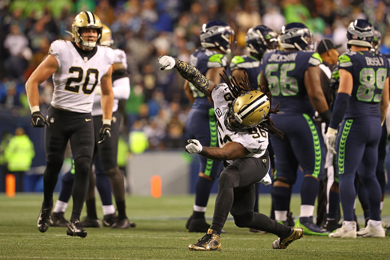 Demario Davis of the New Orleans Saints reacts to a defensive stop against the Seahawks. (Photo by Abbie Parr/Getty Images)