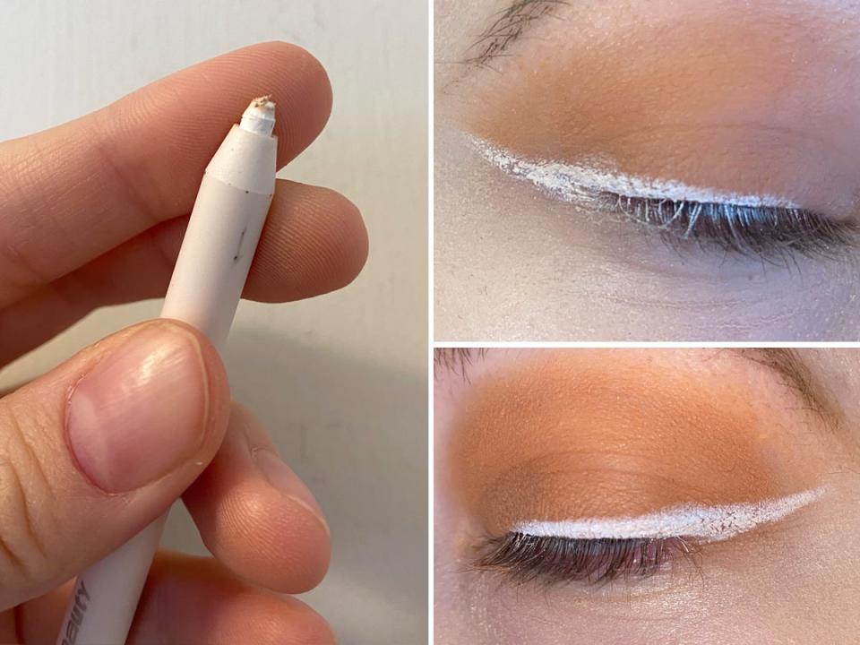 The REM Beauty kohl eyeliner pencil (left) and the product on the eyes (right).