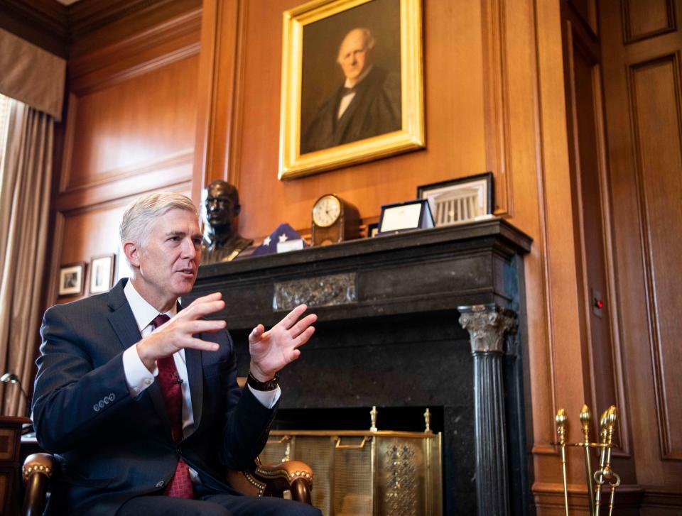 Supreme Court Justice Neil Gorsuch speaks in his office on Sept. 4, 2019, about his forthcoming book, 