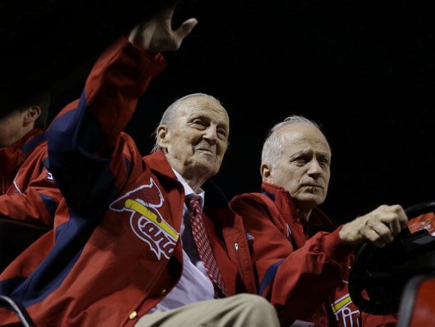 A statue of Stan Musial stands Friday, April 7, 2006, outside the