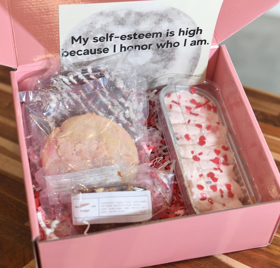 These are treats at Good Mood Treats at Cartwright Food Hall in downtown Greer. The business has a wide range of treats that can help fill your Valentine's Day gift needs. The is the 'Good Love' Box which a person has an option of picking 16 different menu items to make up the box.