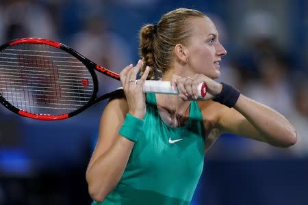 Aug 14, 2018; Mason, OH, USA; Petra Kvitova (CZE) returns a shot against Serena Williams (USA) in the Western and Southern tennis open at Lindner Family Tennis Center. Aaron Doster-USA TODAY Sports