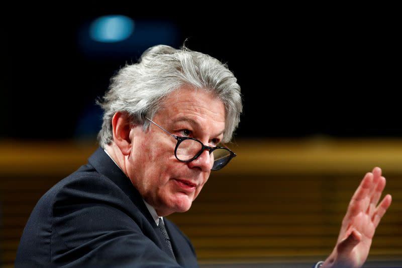 FILE PHOTO: European Commissioner in Charge of Internal Market Thierry Breton speaks during a news conference in Brussels