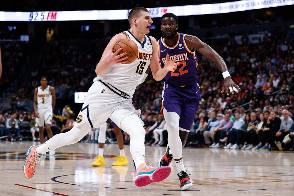 Nikola Jokic, left, and the Denver Nuggets host Deandre Ayton, right, and the Phoenix Suns in the final game on Christmas Day.