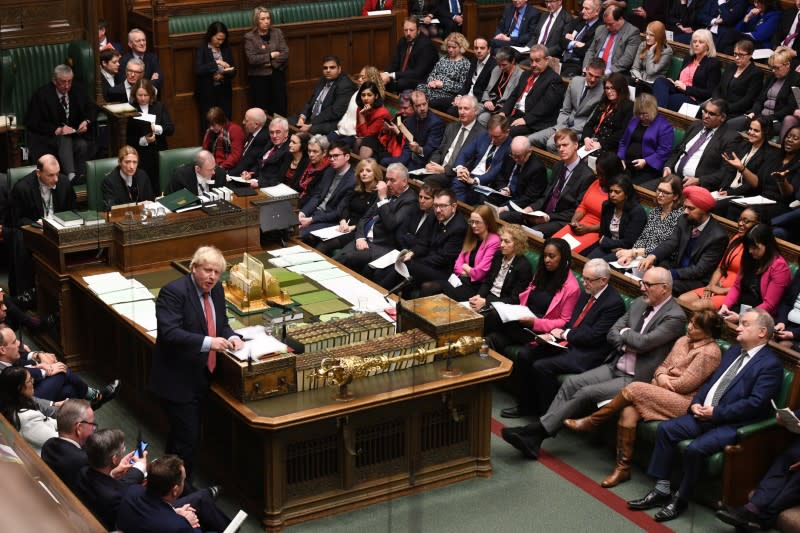 Britain's Prime Minister Boris Johnson speaks during the weekly question time debate in Parliament in London