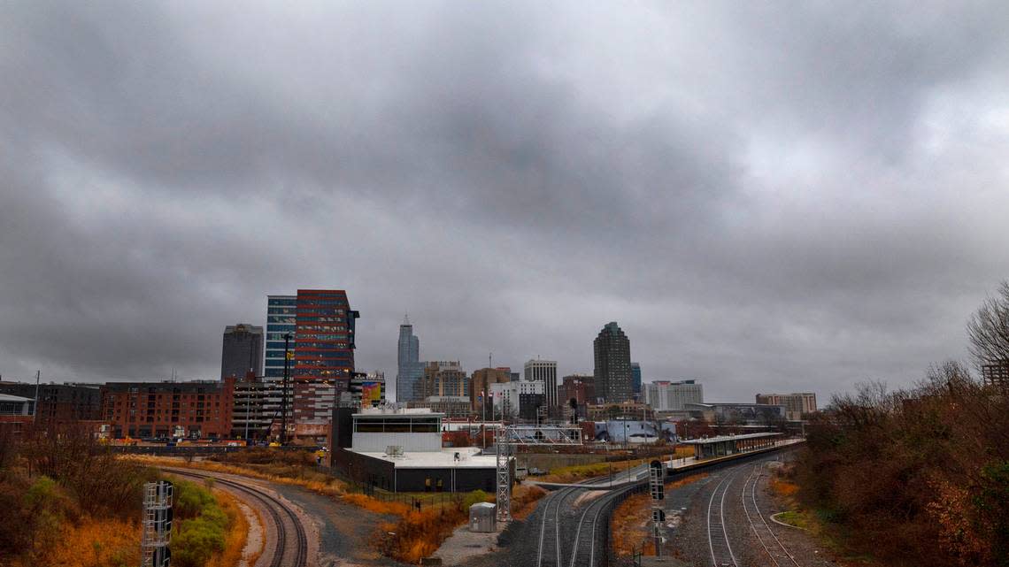 Downtown Raleigh is seen from the Boylan Avenue bridge as storms roll in Tuesday afternoon Jan. 9, 2024.