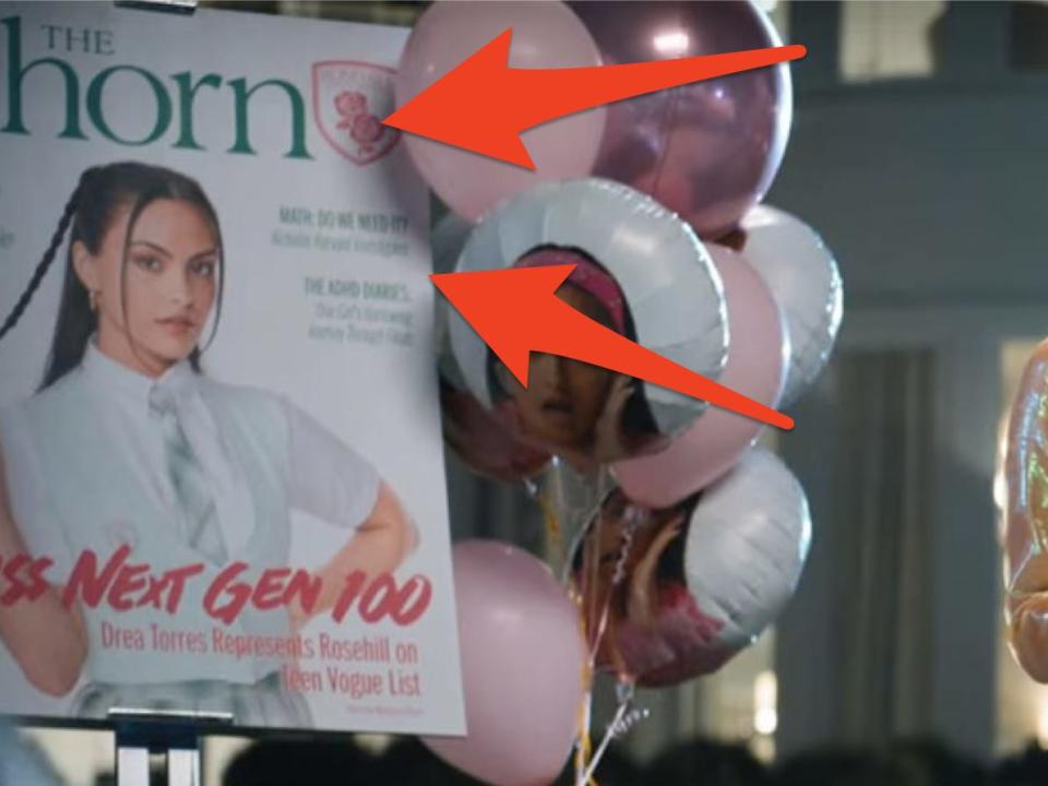 red arrows pointing to the thorn student magazine behind drea in do revenge